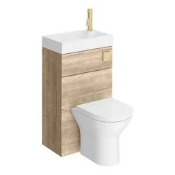 Arezzo Rustic Oak 2-In-1 Wash Basin & Toilet (500mm Wide x 300mm) incl. Brushed Brass Flush -Toilets Shop AZCOMBWCOKB d7 460