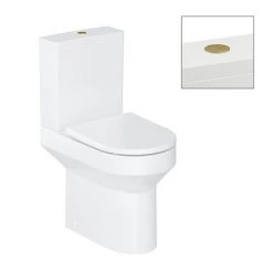 Britton Shoreditch Round Close Coupled Rimless Toilet with Brushed Brass Flush Button + Soft Close Seat